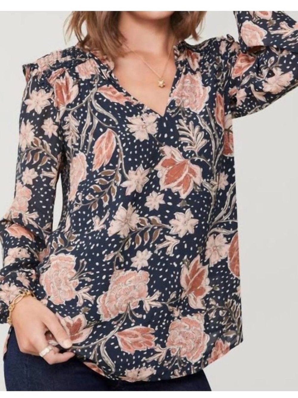 Spartina 449 Navy Pink Coral Orange Floral Ruffle Split Neck Blouse Sz Small